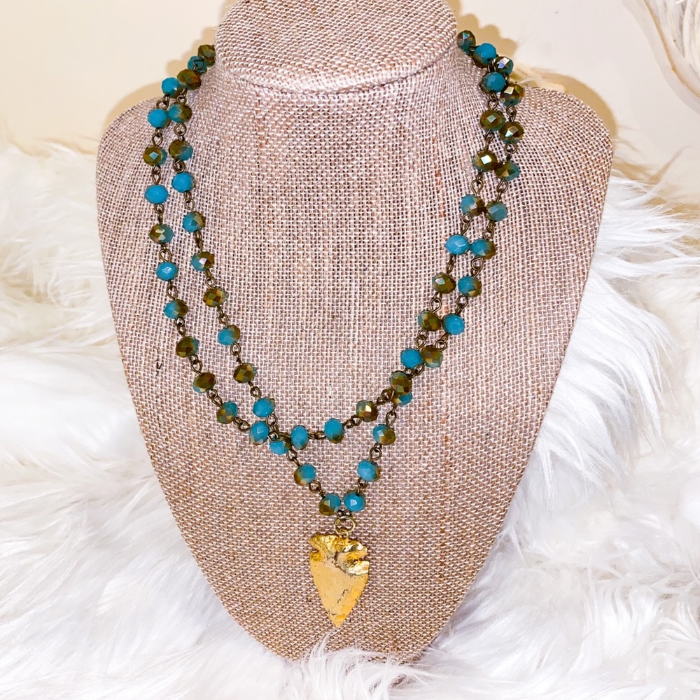 Blue Iridescent Beaded Arrow Necklace